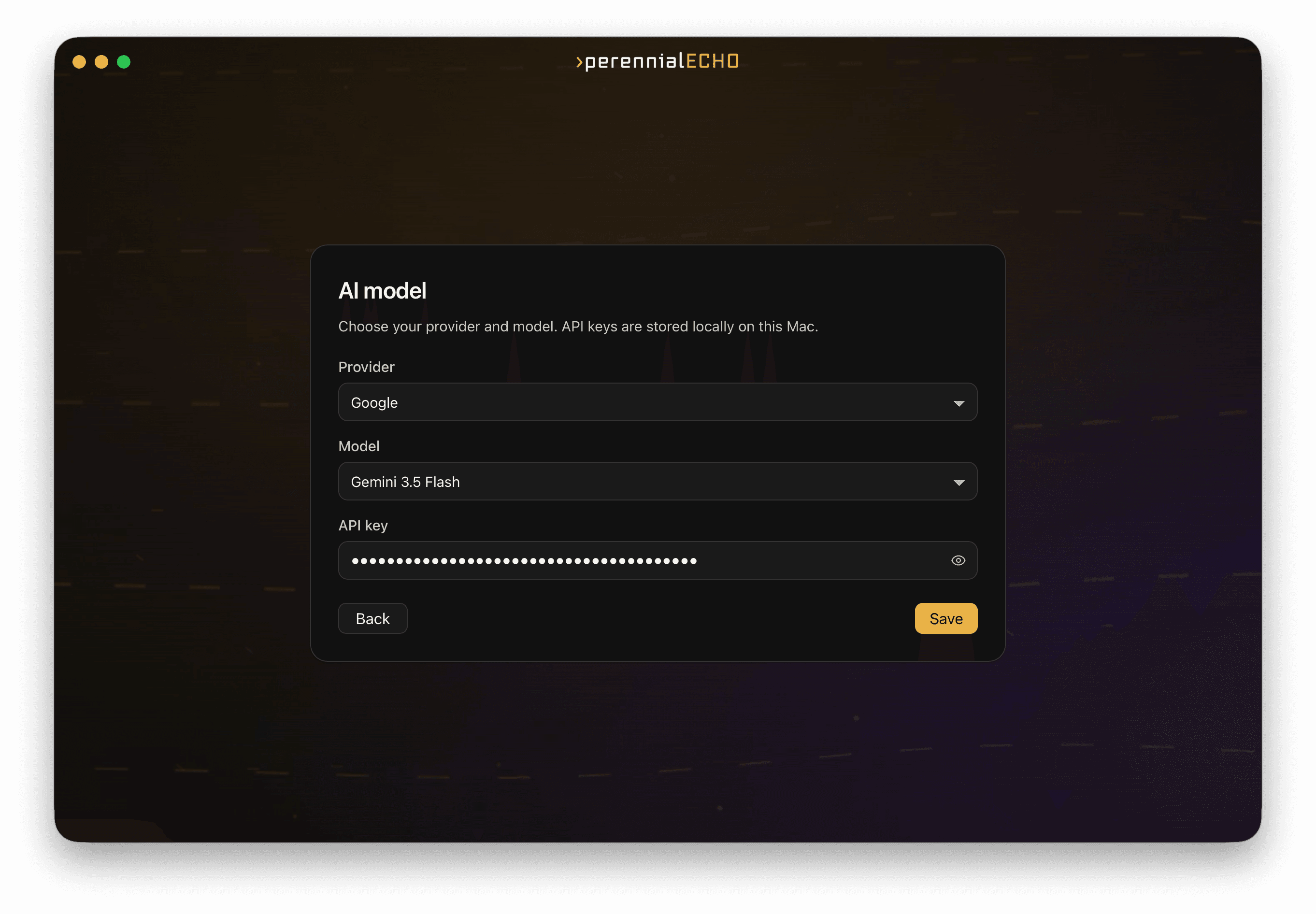 Perennial Echo settings for API keys across supported providers