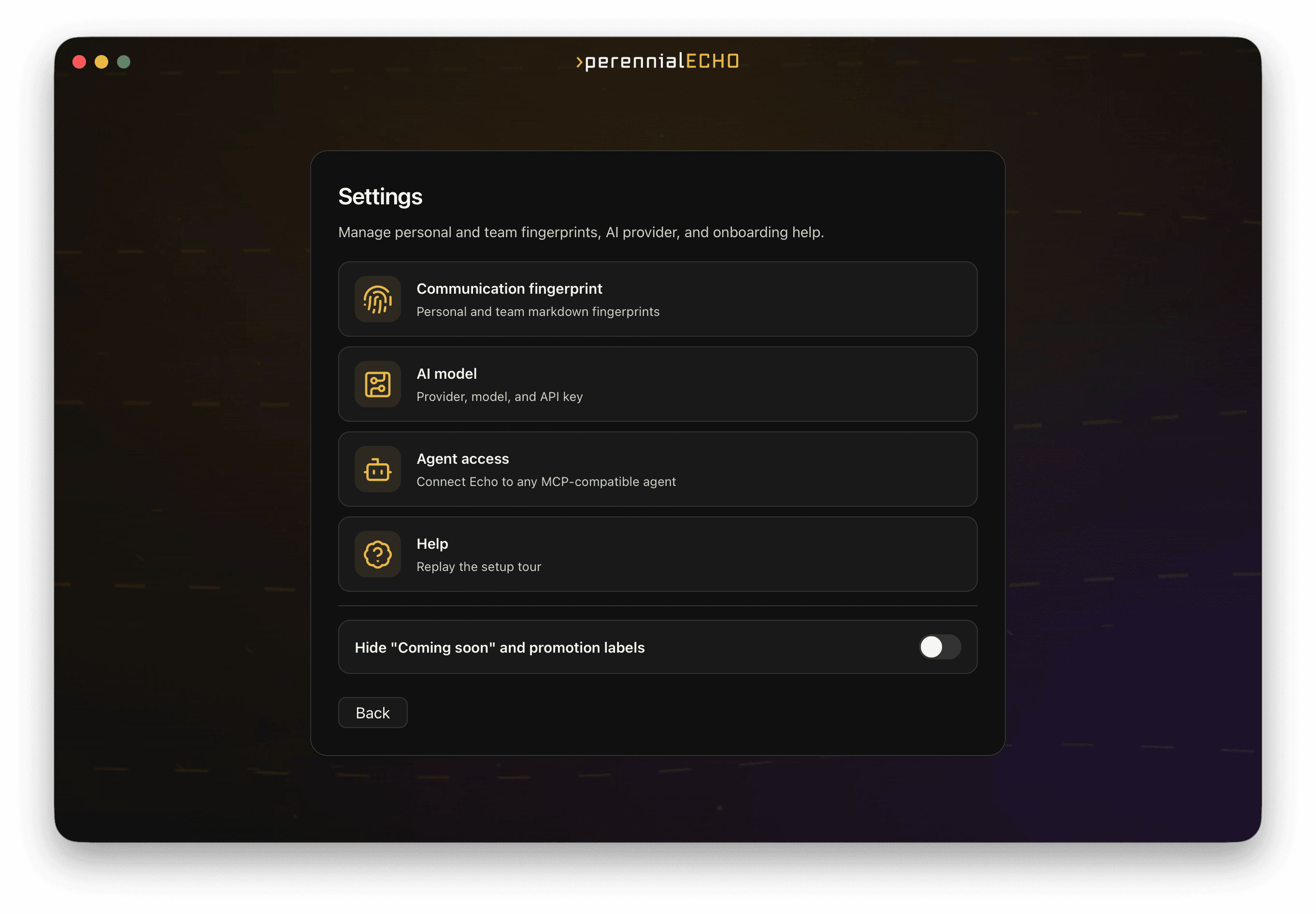 Perennial Echo settings for communication fingerprint import and preferences