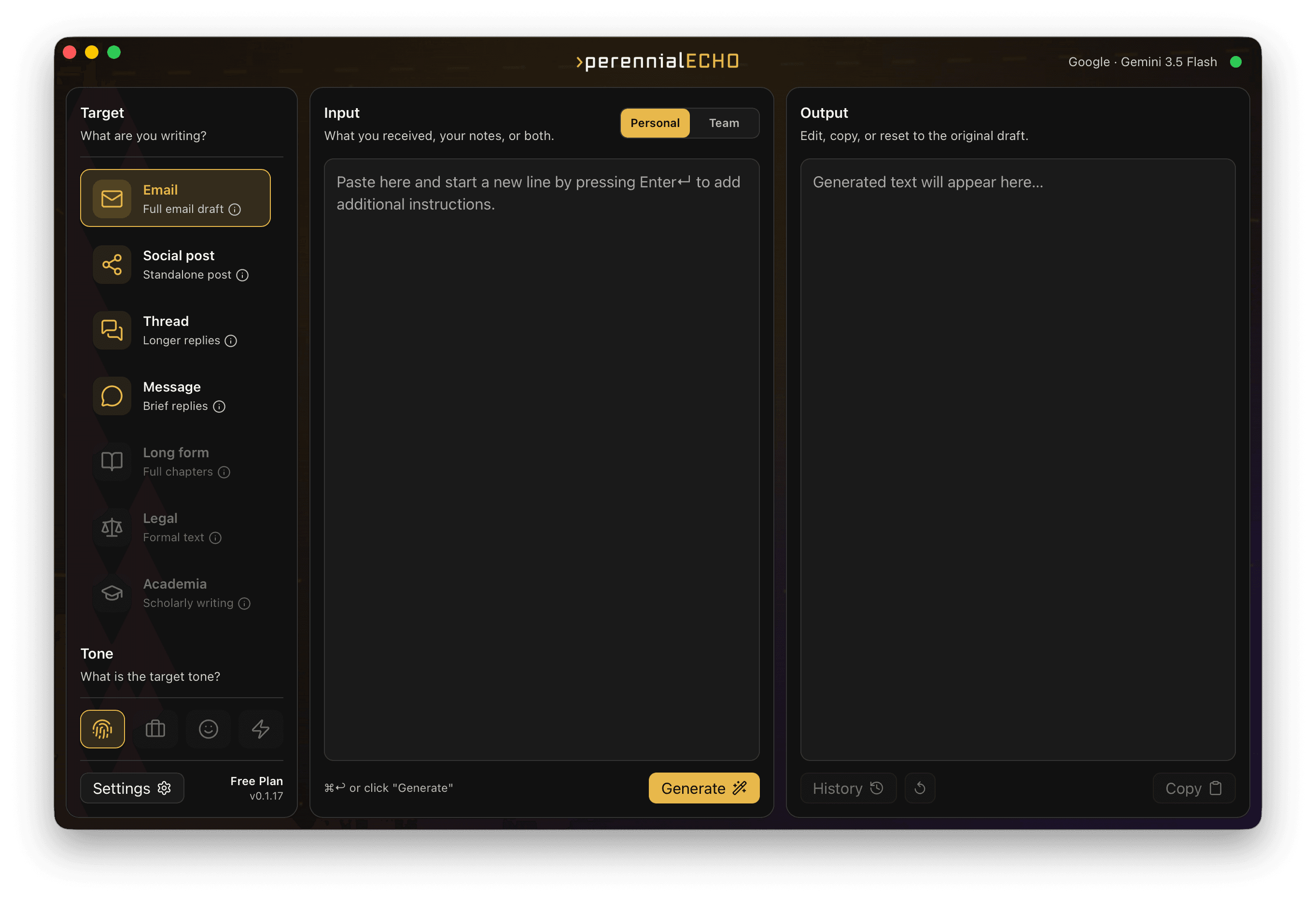 Perennial Echo workspace with channel target, input, and drafted output